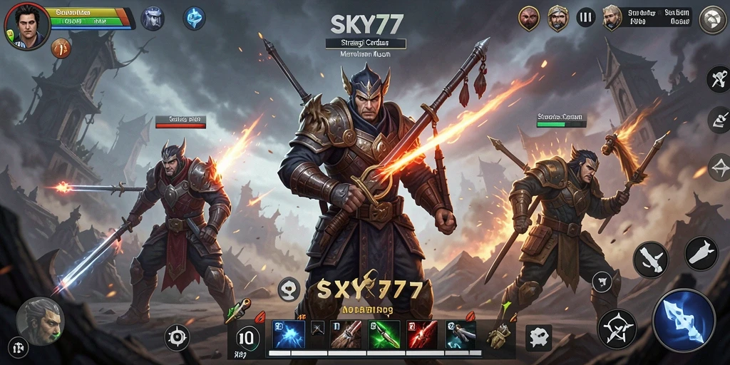 Screenshot utama SKY77 menampilkan momen pertempuran strategis yang intens.
