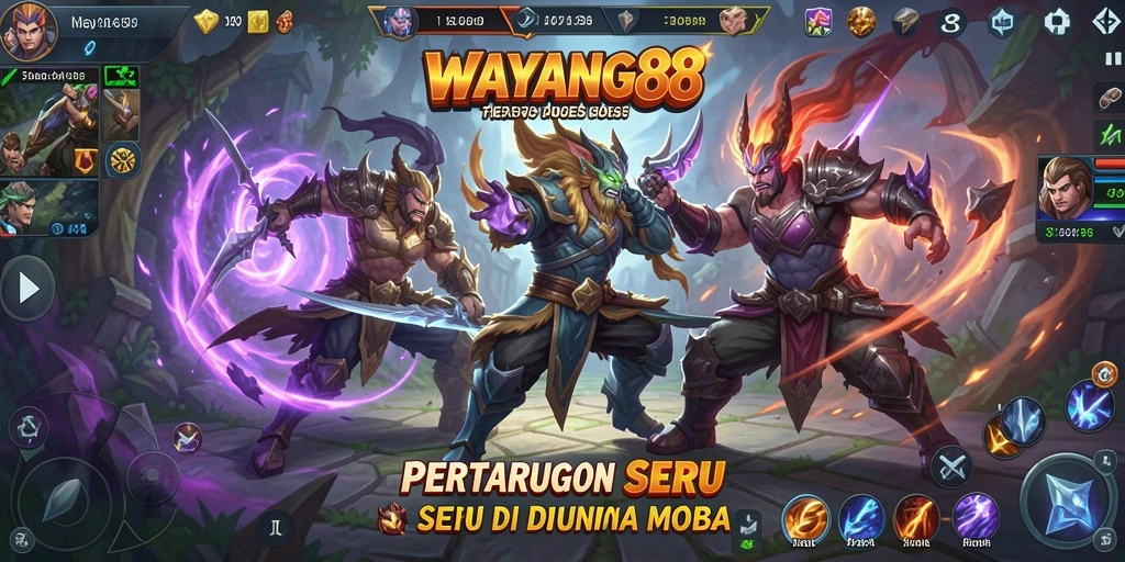 Screenshot utama WAYANG88 menampilkan tim berjuang di medan perang MOBA.